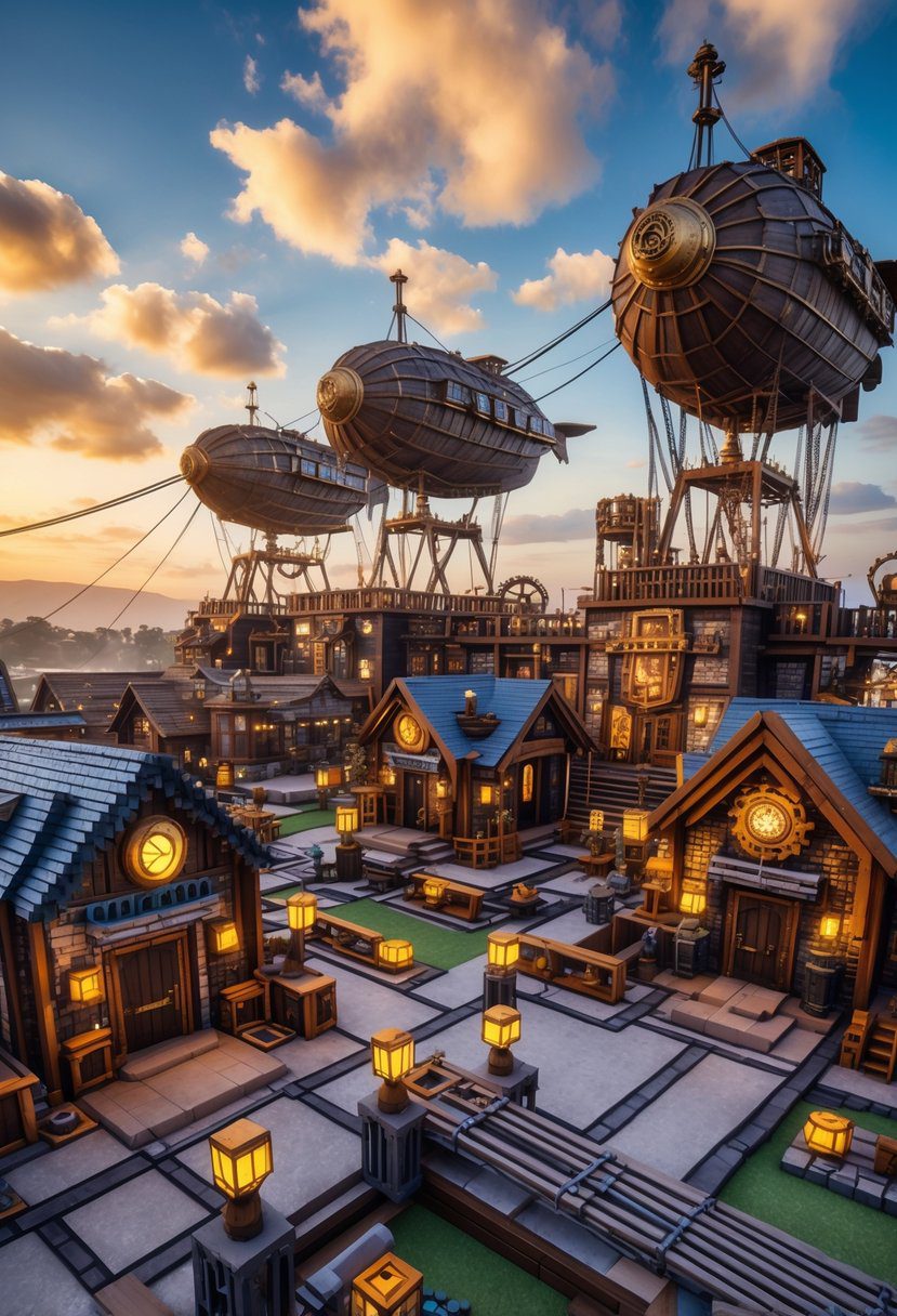 A detailed view of a village with 15 houses and several airships docked at a base, featuring pathways and mechanical structures under a colorful sky.