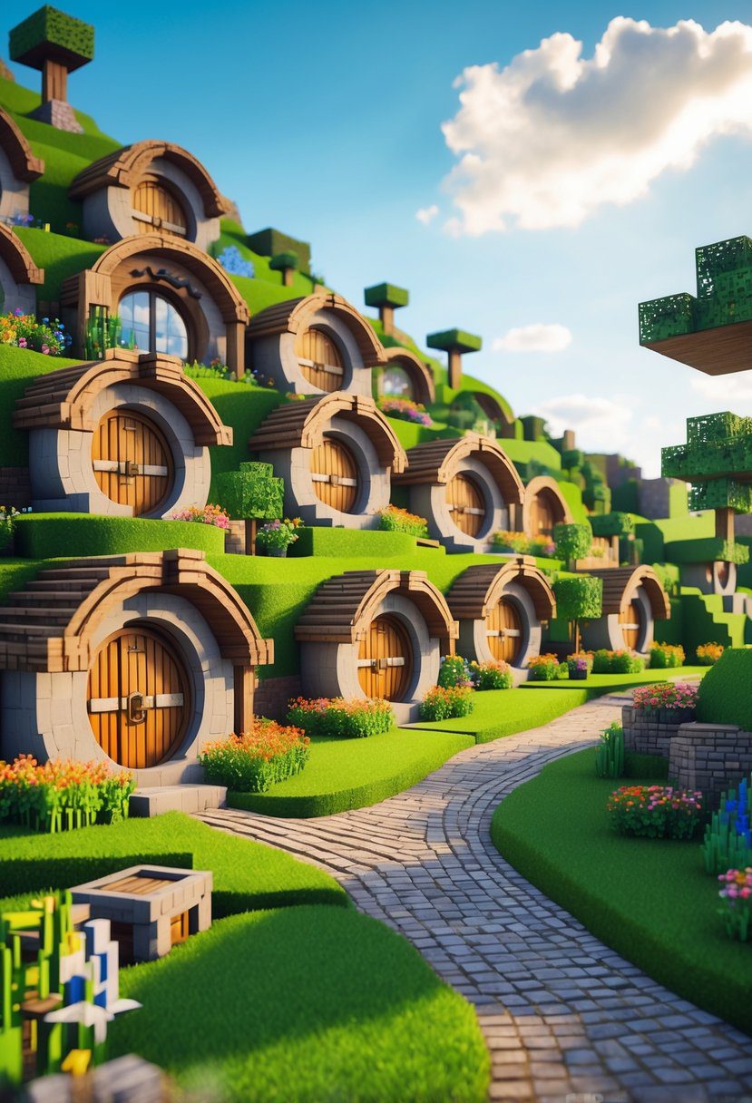 A peaceful hillside village with 15 small, round-door houses built into the earth, surrounded by greenery and flowers under a blue sky.