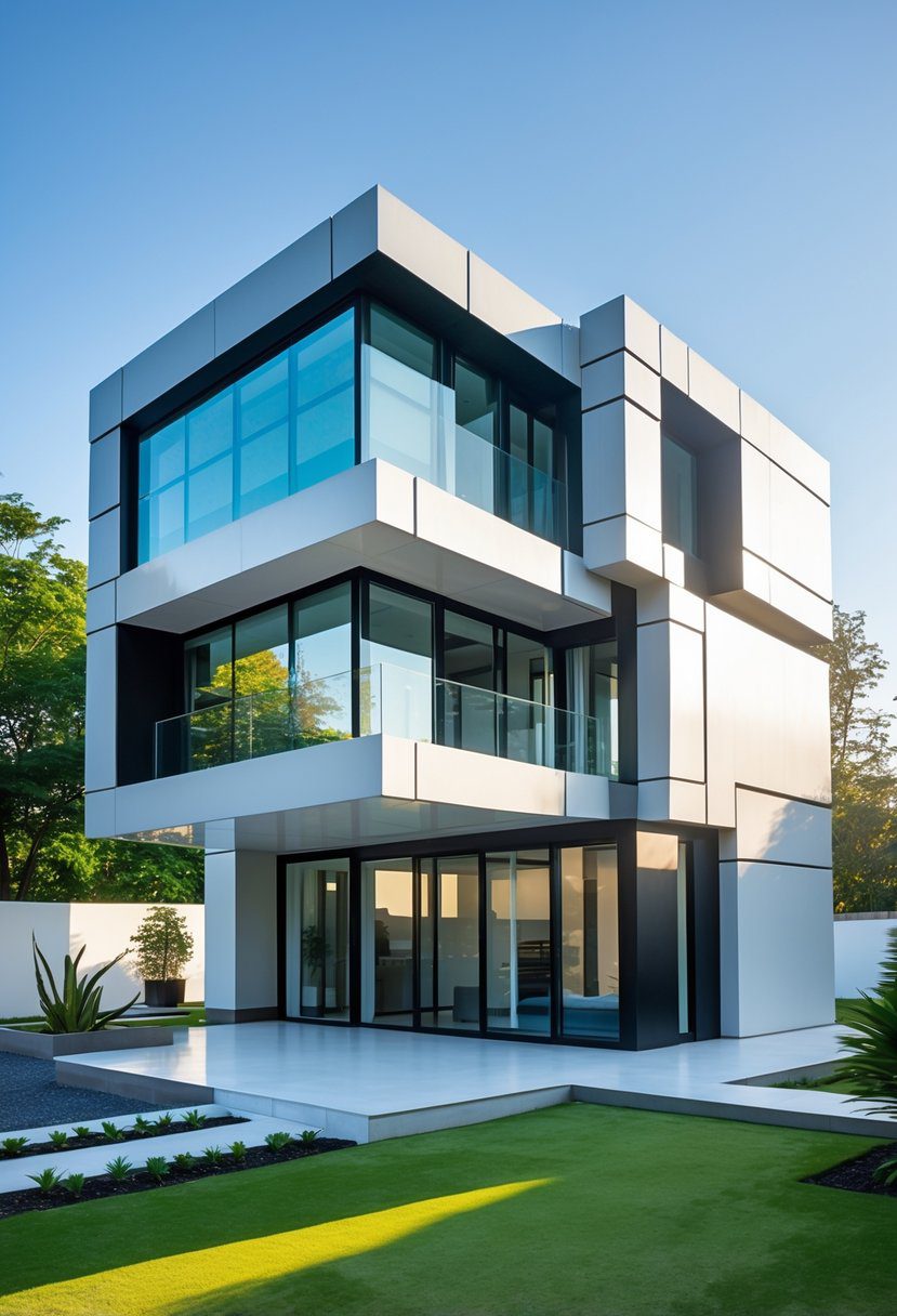 A modern cube-shaped house with multiple stacked sections surrounded by a green lawn under a clear blue sky.