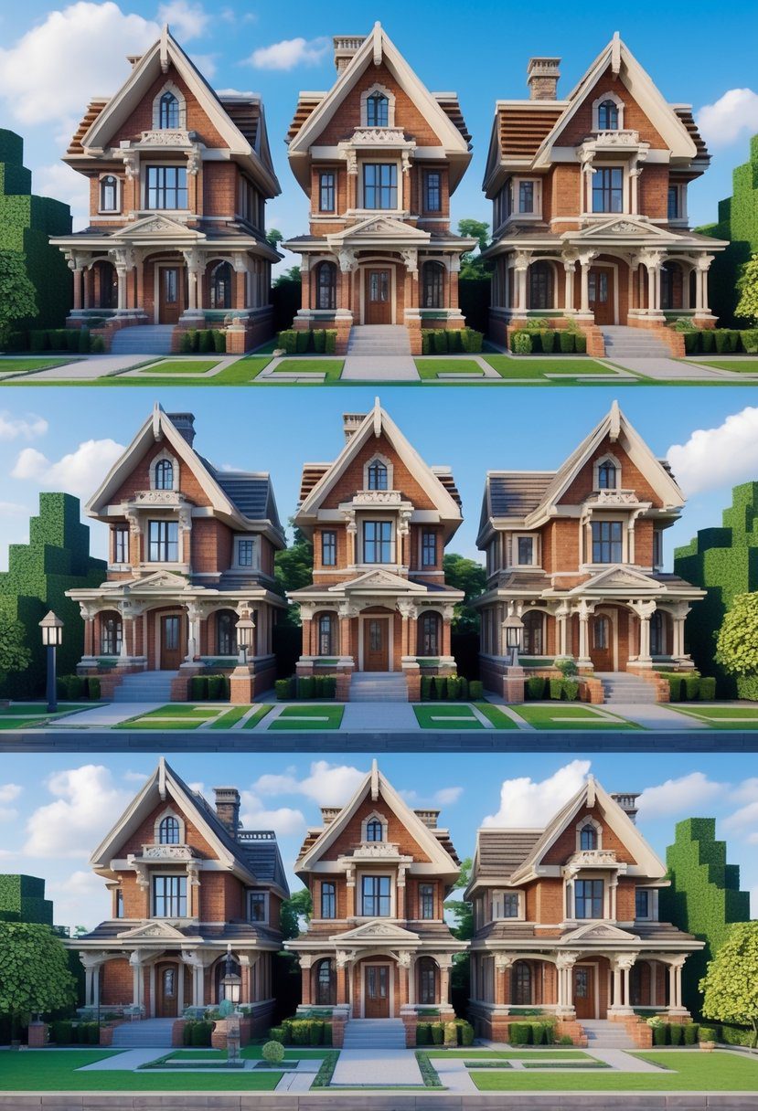 A group of fifteen detailed Victorian-style houses surrounded by green gardens and pathways under a blue sky.