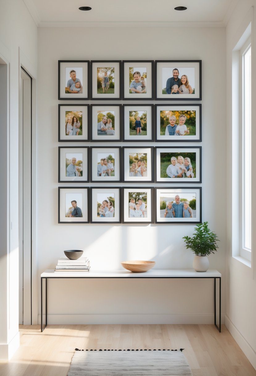 An entryway with a gallery wall displaying 20 framed family photos above a console table with decorative items.