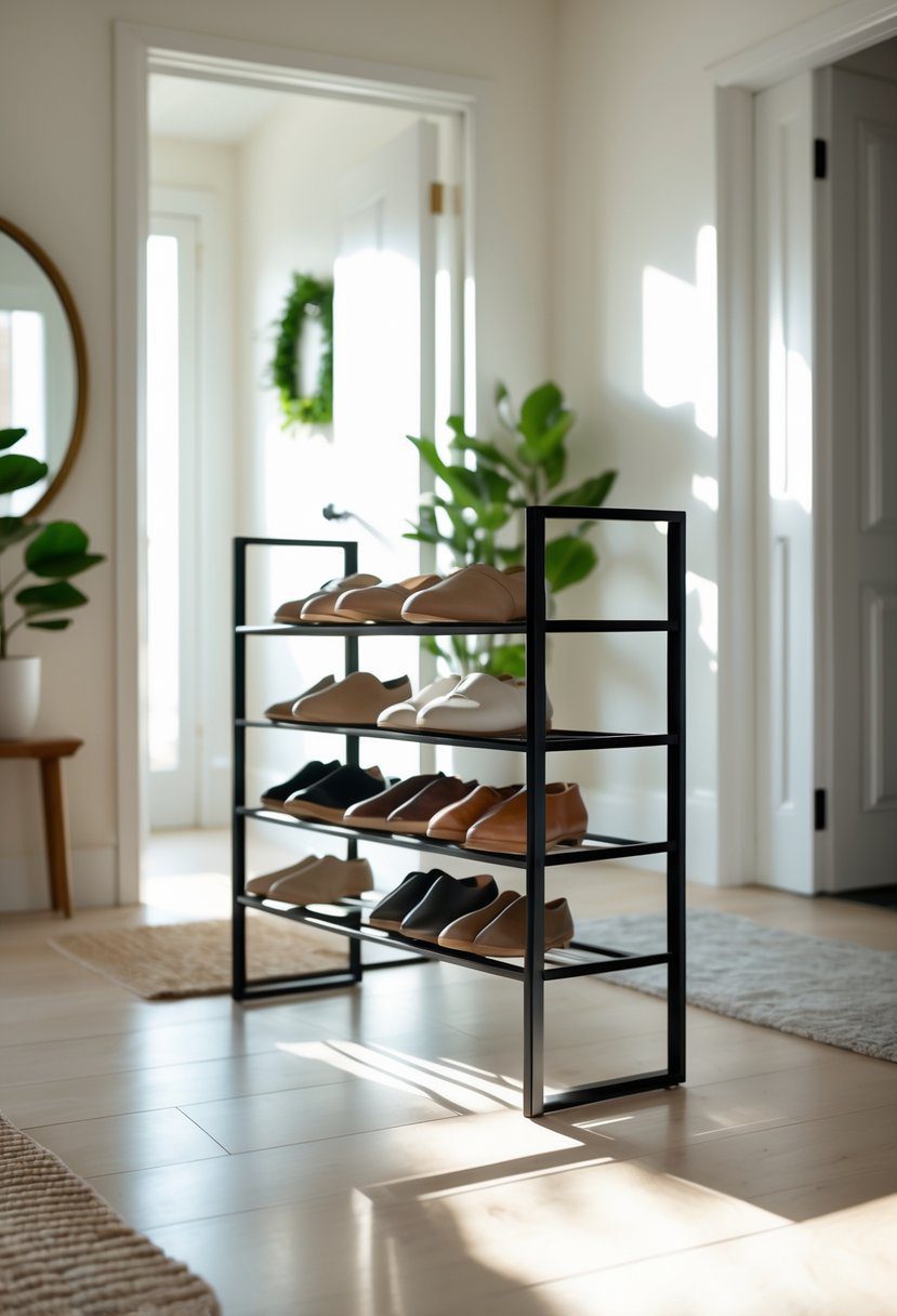 A black metal shoe rack holding several pairs of shoes in a bright entryway with wooden flooring and a small plant.