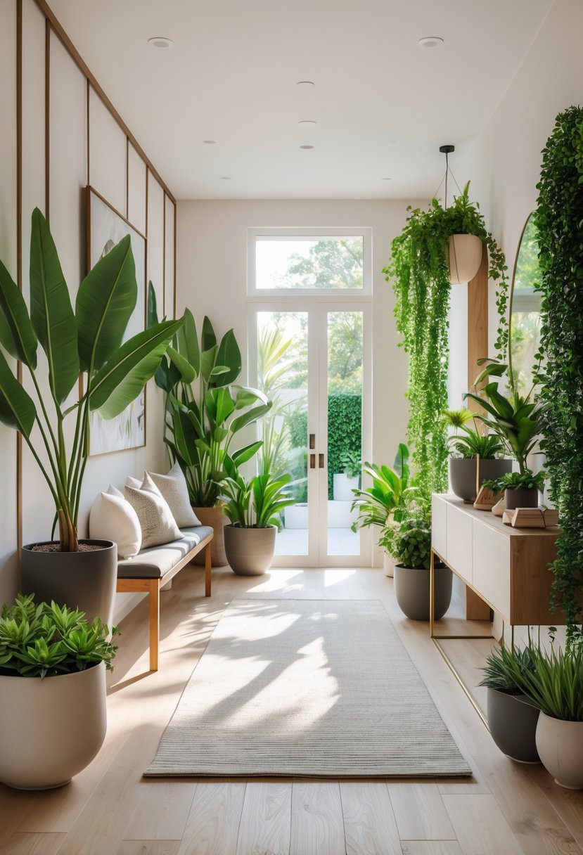 Indoor entryway with various potted plants arranged around a bench and console table, illuminated by natural light.