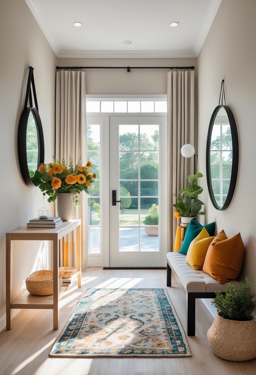 An entryway with a wooden console table, round mirror, bench with cushions, patterned rug, and decorative plants and accessories.