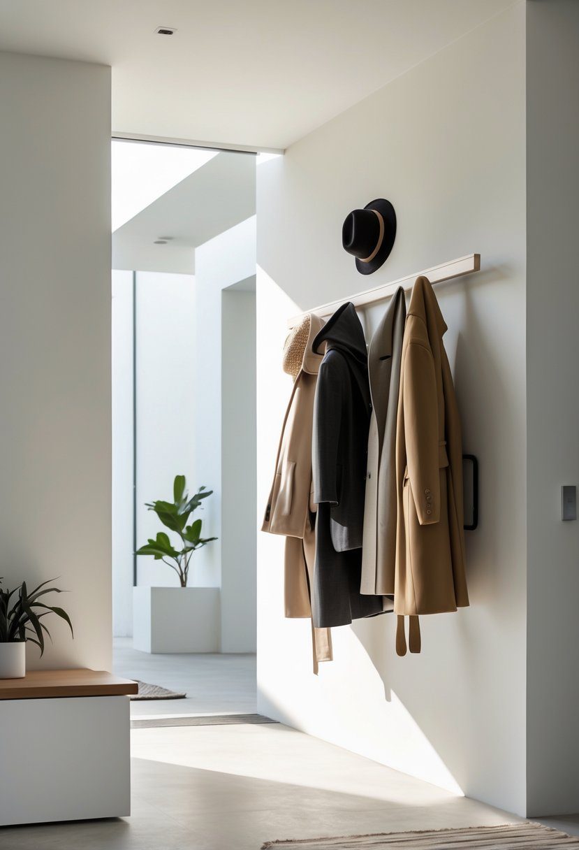 An entryway with a floating coat rack holding coats and hats above a bench and shoe storage, with a small plant nearby.