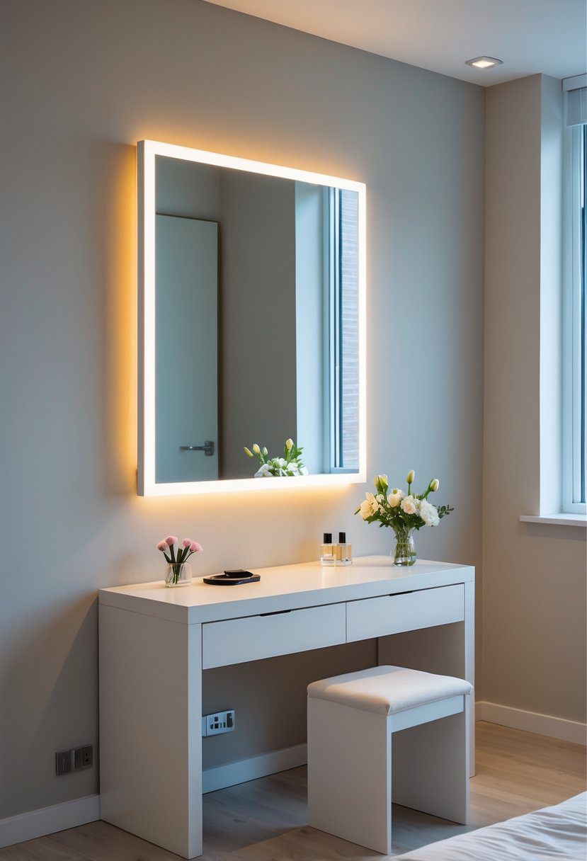 A modern bedroom with a floating mirror illuminated by LED backlight above a dressing table with decorative items.