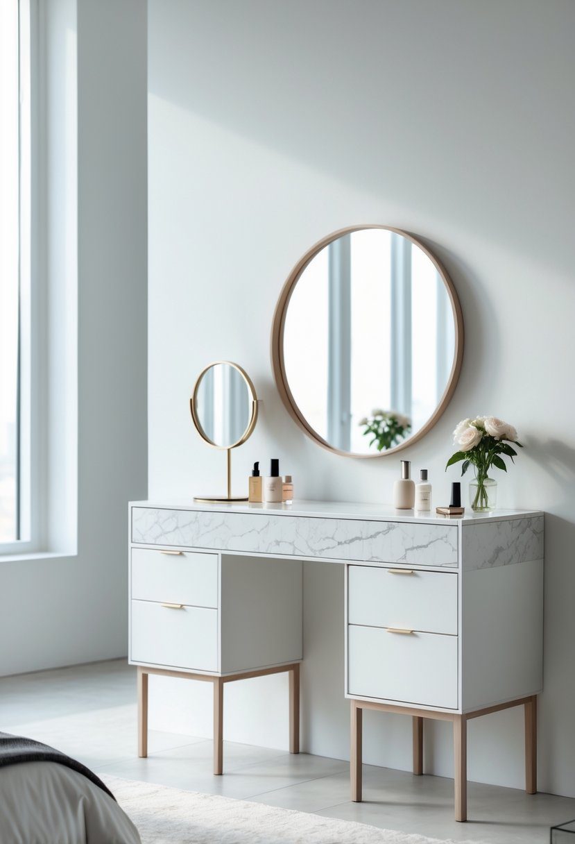 A marble top dressing table in a bright bedroom with a round mirror, vase with flowers, and a lamp on the table.
