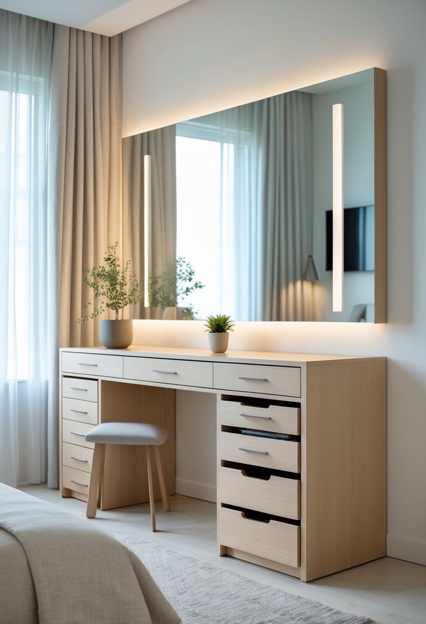 A modern bedroom with a light wood dressing table featuring multiple drawers and a large mirror, with a bed and a small plant nearby.
