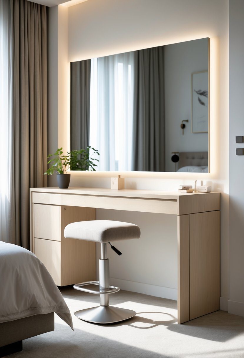 A modern bedroom with a vanity table and an adjustable height stool in front of a large mirror.