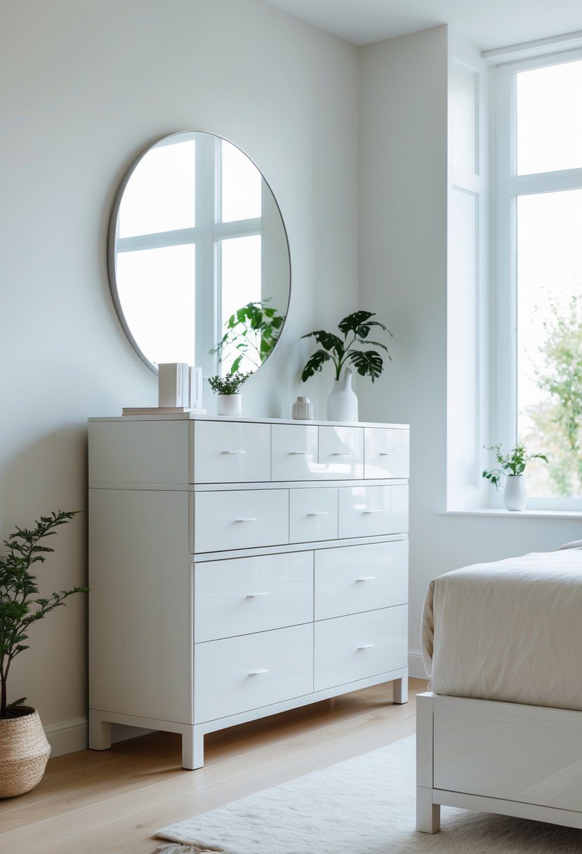 A white lacquered dresser with drawers in a bright bedroom with a mirror and decorative items on top.