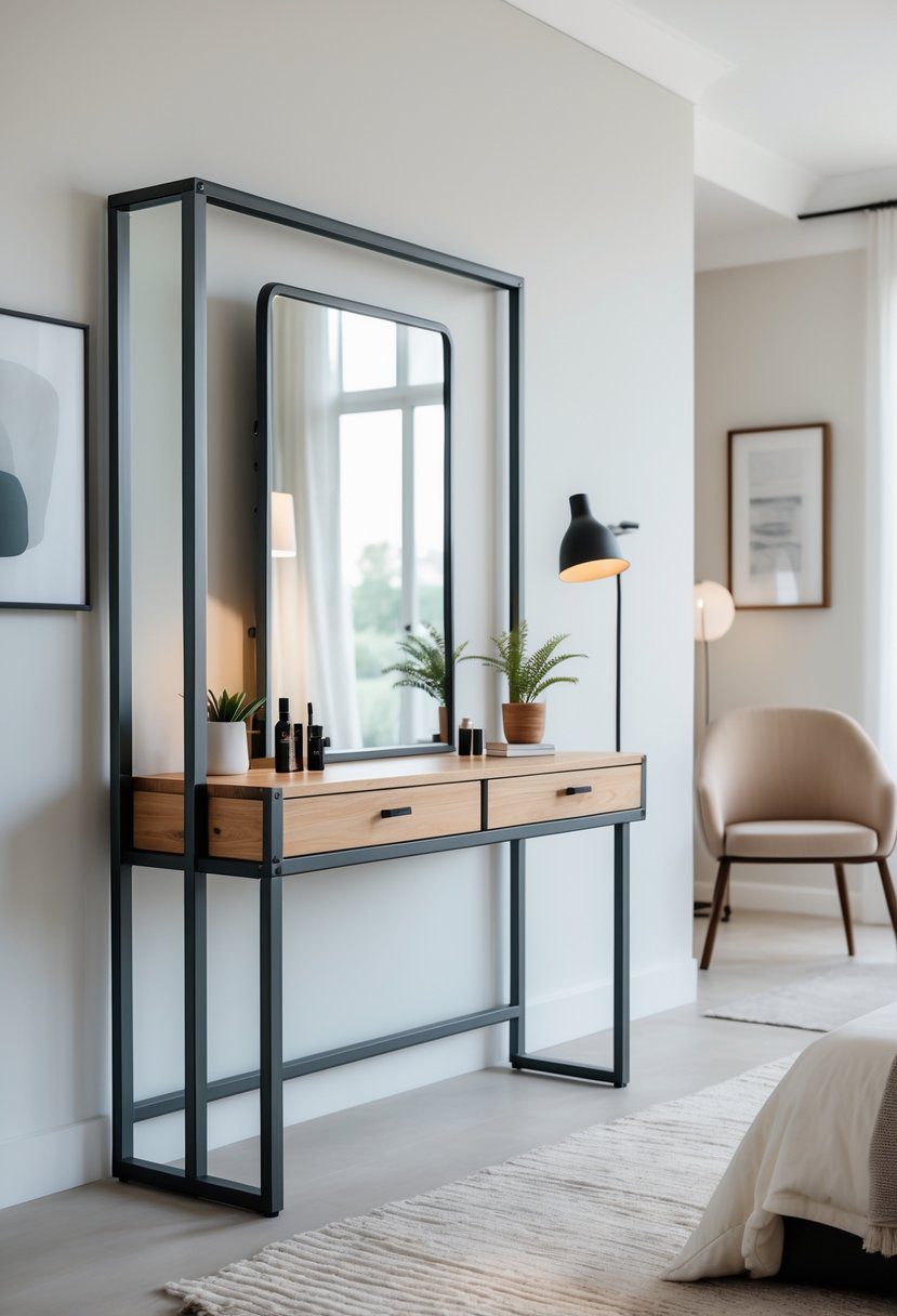 A modern bedroom with a metal frame dressing table featuring a large mirror and a wooden surface, surrounded by a chair and decorative items.