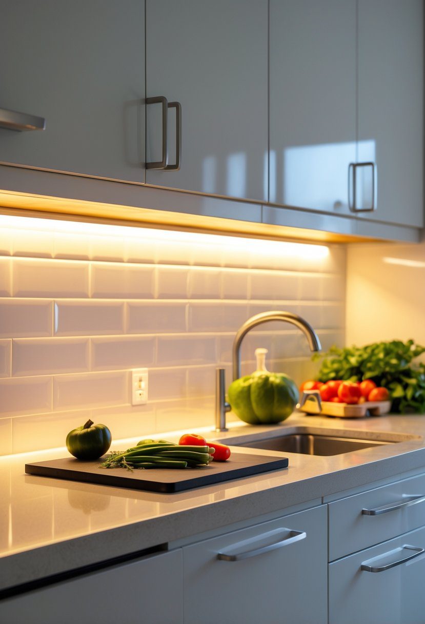 A small kitchen workspace brightly lit by under-cabinet lights with clean countertops and kitchen utensils.