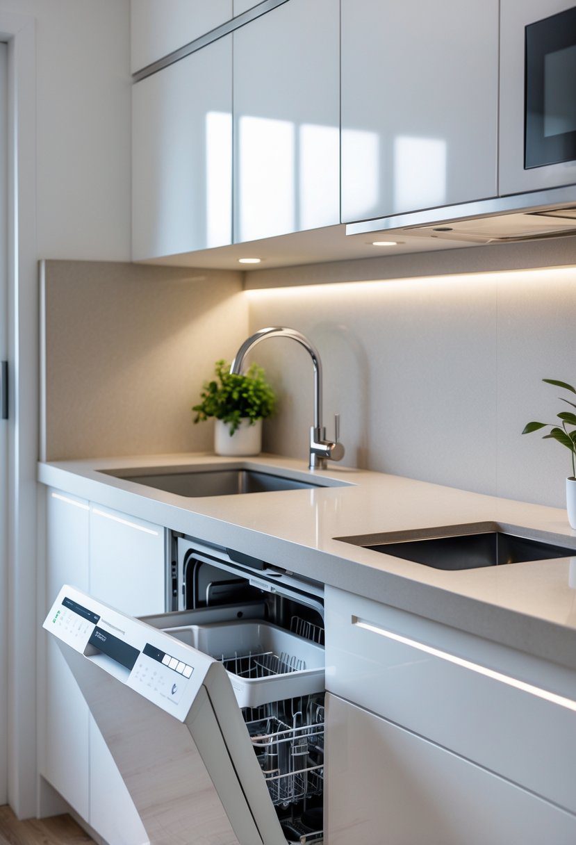 A small modern kitchen with a compact Bosch dishwasher integrated under the countertop, surrounded by white cabinets and kitchen essentials.