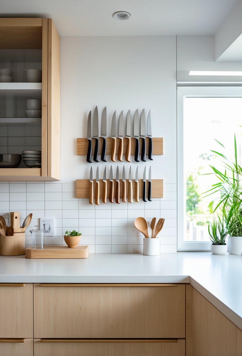 A modern kitchen with a magnetic knife strip holding knives above a countertop, saving drawer space.