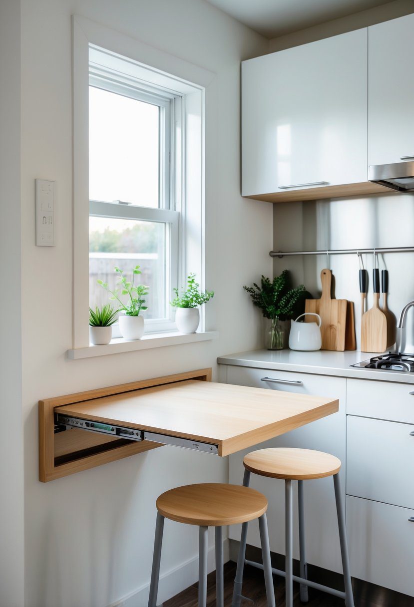 Small kitchen with a fold-down breakfast bar extended, two stools underneath, white cabinets, and natural light coming through a window.