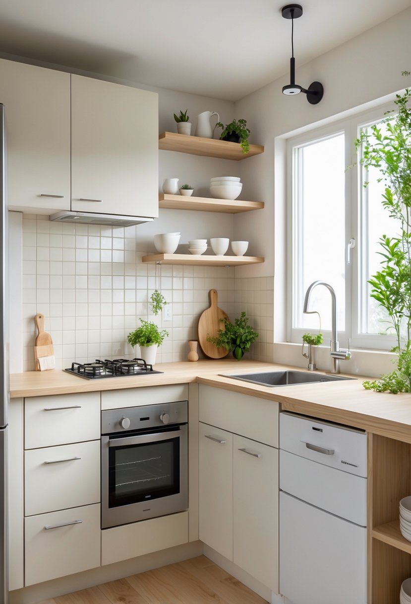 A small kitchen with light-colored cabinets, countertops, and natural light creating an open and bright space.