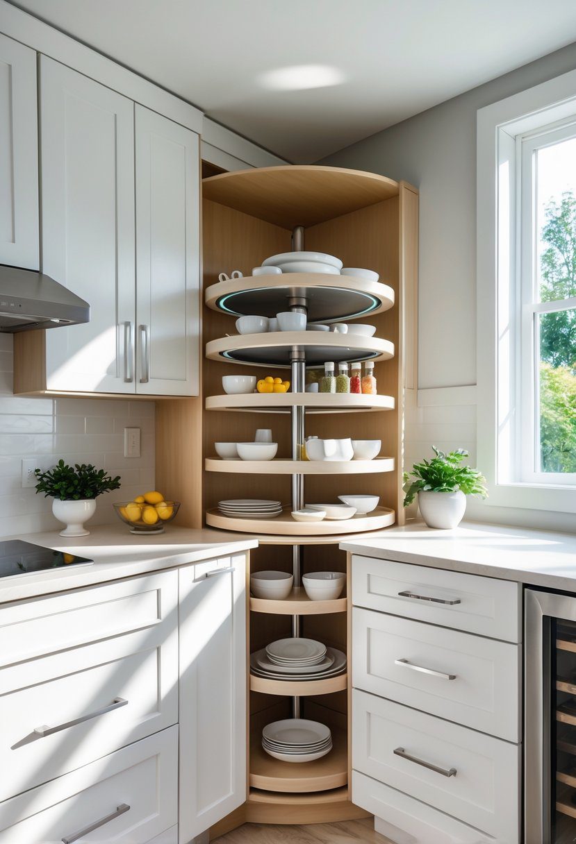 A modern kitchen corner with a corner carousel cabinet open, showing organized shelves with kitchenware inside.