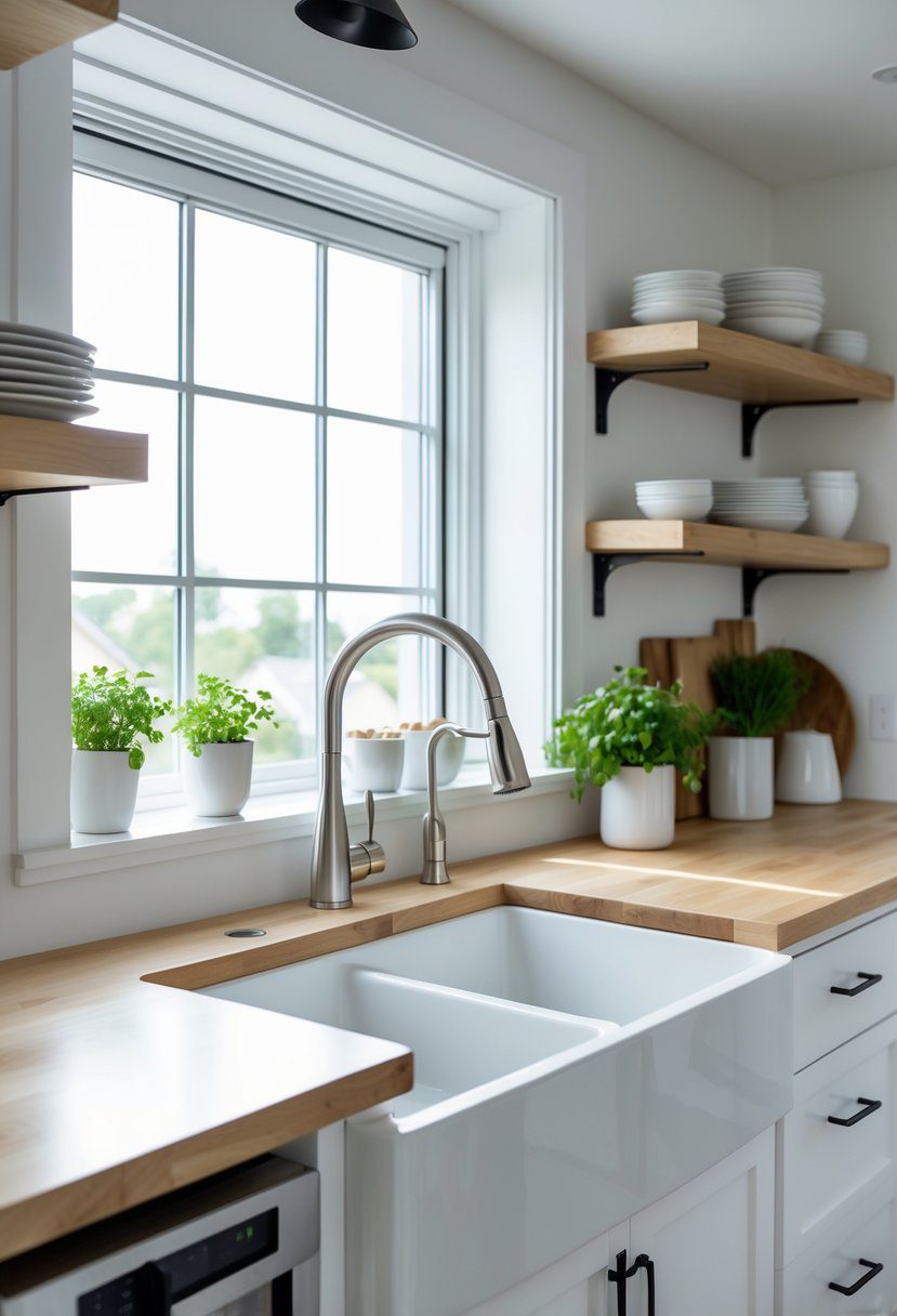 Small kitchen with a deep white farmhouse sink under a window, light wood countertops, and white cabinets.