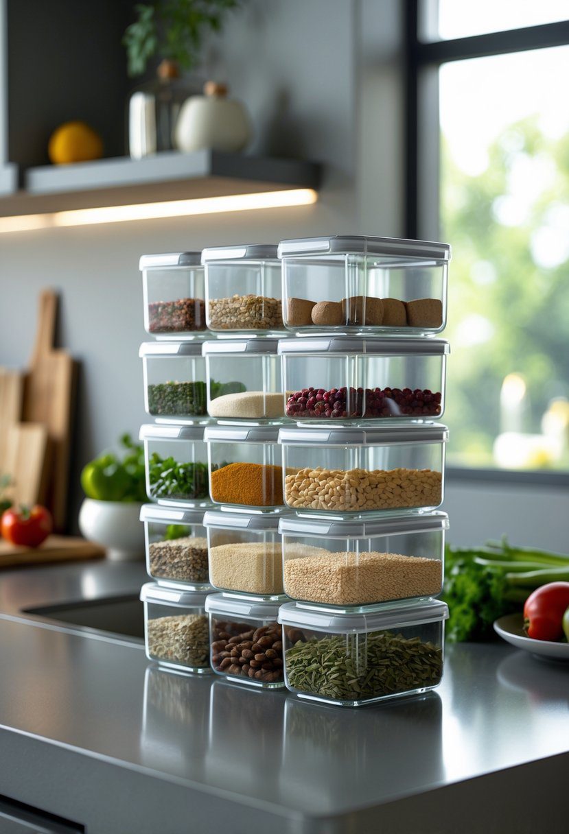 A kitchen countertop with stackable clear storage containers neatly organized and filled with various small food items.