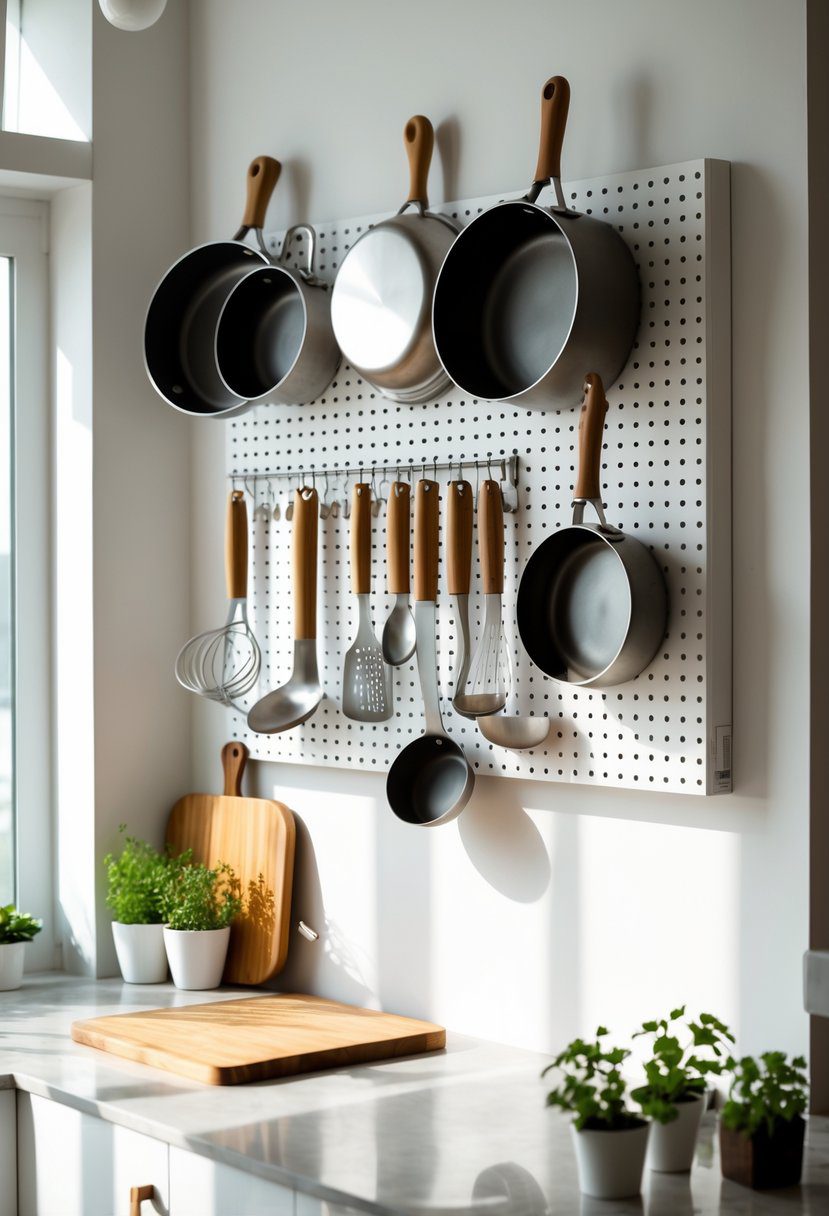 A kitchen wall with a pegboard holding pots and utensils above a clean countertop with small plants.