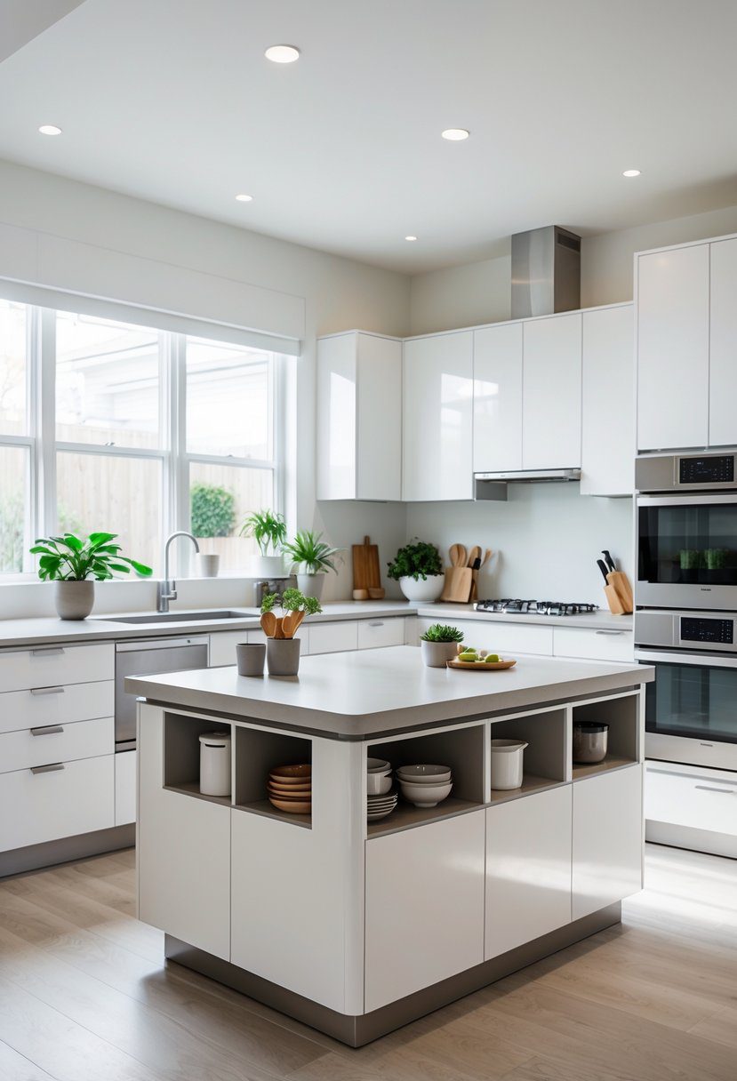 A modern kitchen with a central island that has built-in storage and surrounding cabinets and appliances.