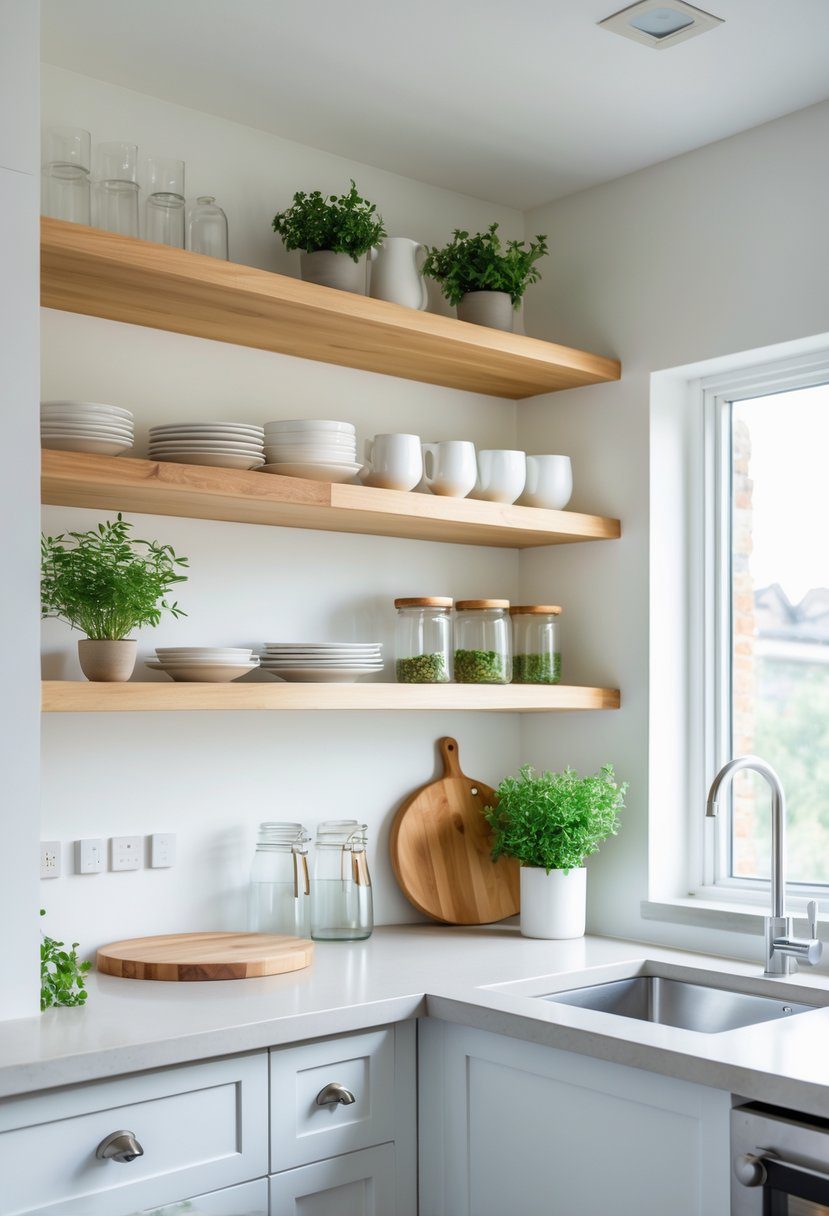 A small kitchen with open wooden shelves holding dishes and plants, bright natural light coming through a window.