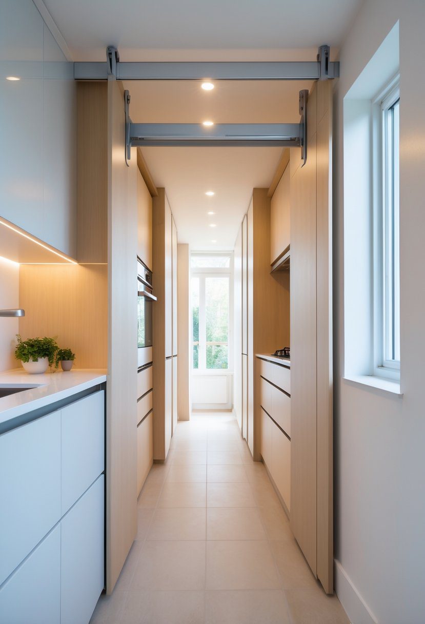 A small kitchen with a narrow walkway and sliding cabinet doors installed, showing a bright and organized space.