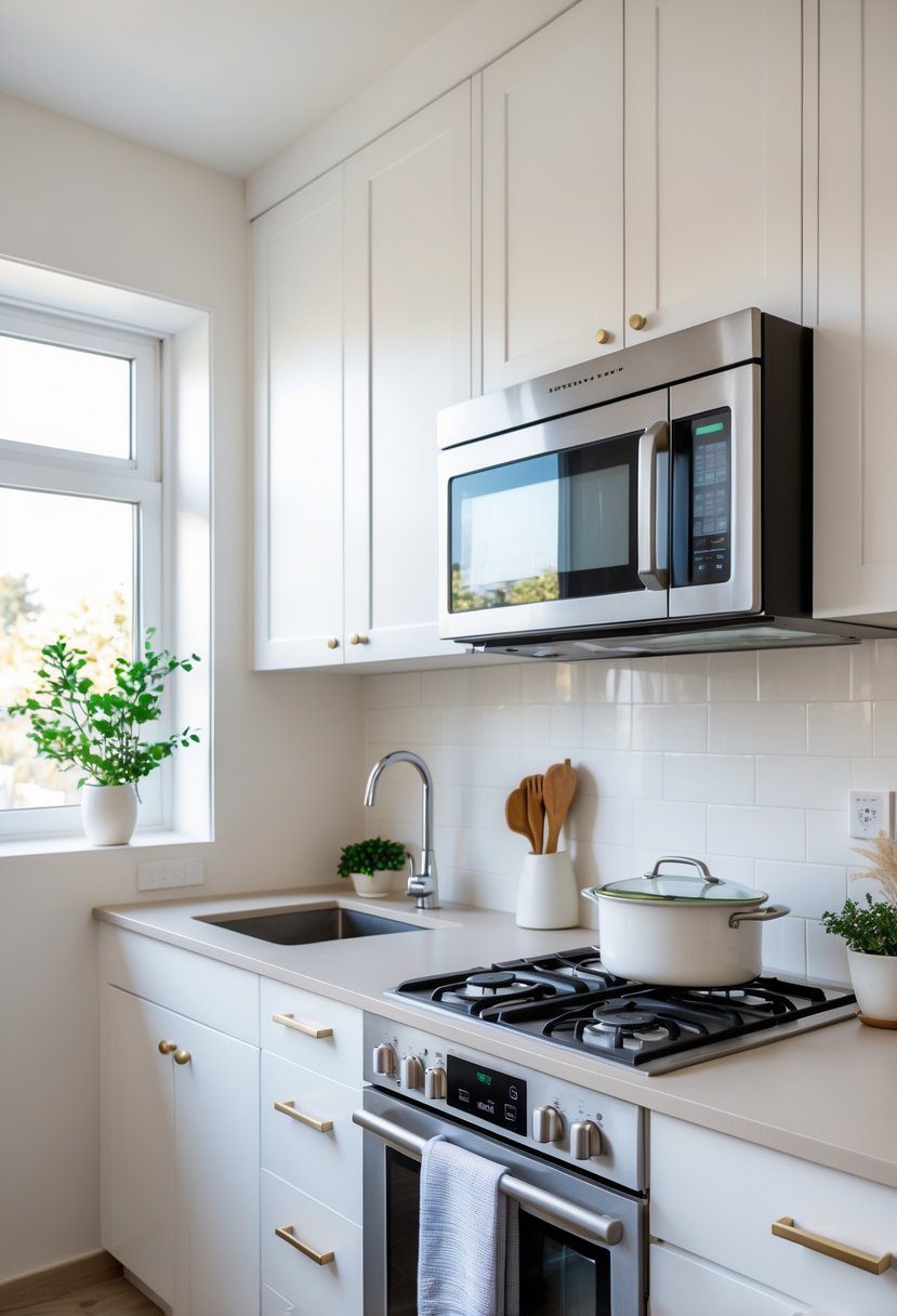 Small modern kitchen with a built-in microwave above the stove and organized countertops.