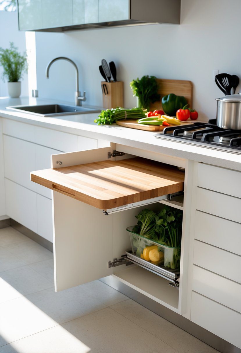 A modern kitchen with a pull-out cutting board extended from a cabinet, showing fresh vegetables and utensils on the countertop.