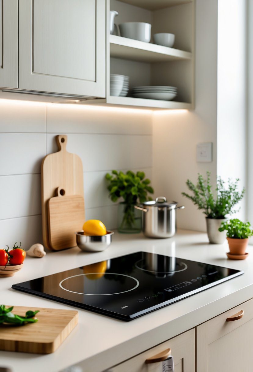 A small kitchen countertop with a compact induction cooktop surrounded by kitchen utensils, fresh vegetables, and a small herb plant.