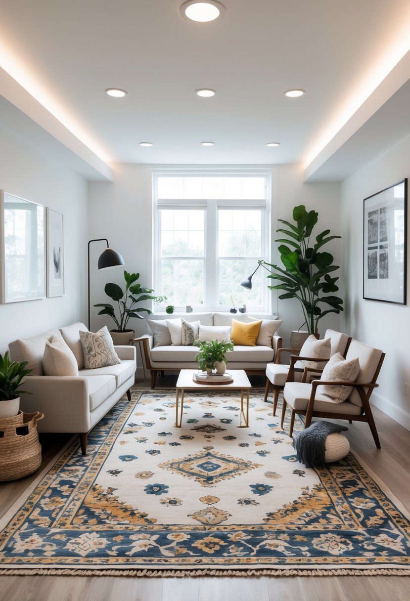 A small living room with a sofa, armchairs, coffee table, and a large area rug defining the seating area, with natural light coming through windows.