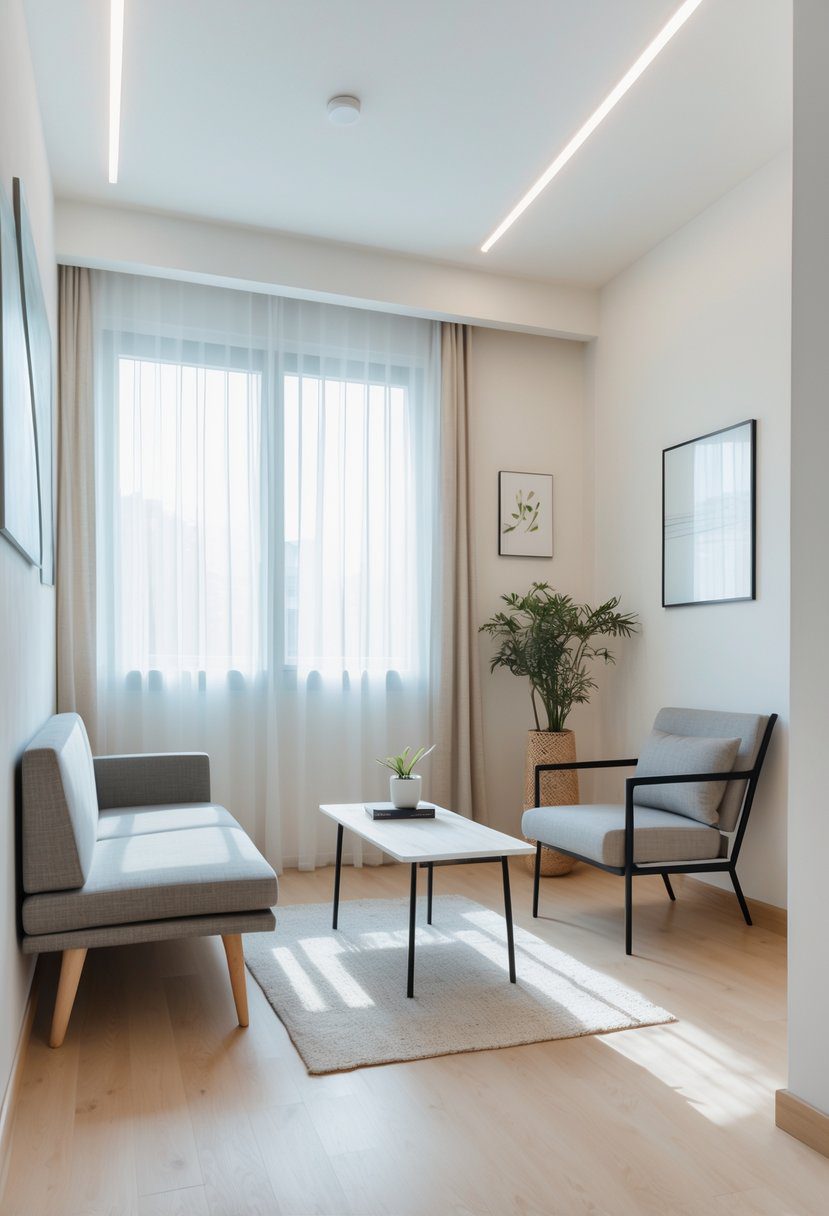 A small living room with a compact sofa, armchair, and coffee table all having exposed legs, brightened by natural light from a large window.