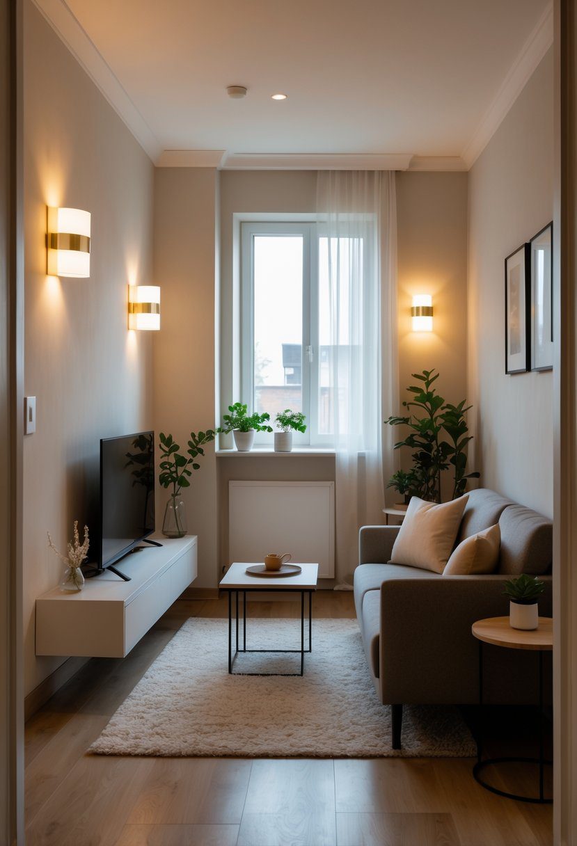 A small living room with wall-mounted sconces providing warm light, a compact sofa, coffee table, and simple decor.