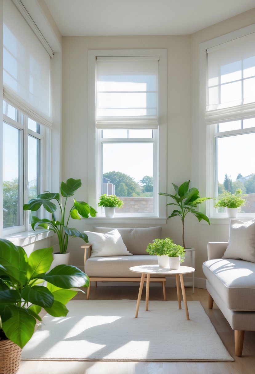 A small living room with large windows letting in natural light, simple window treatments, a sofa, coffee table, and plants.