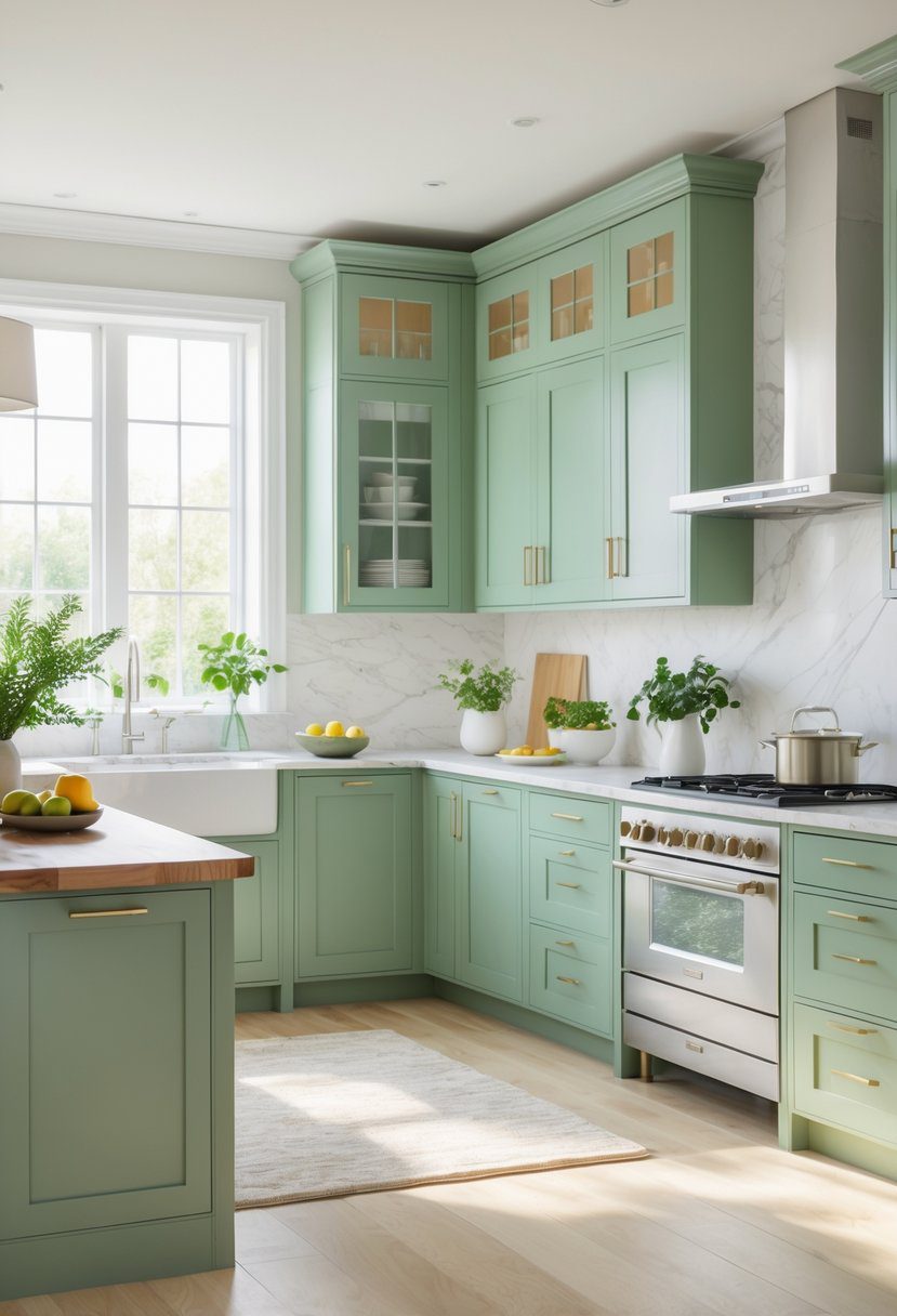 A bright kitchen with sage green cabinets, a wooden island topped with fruit and plants, stainless steel appliances, and light hardwood floors.