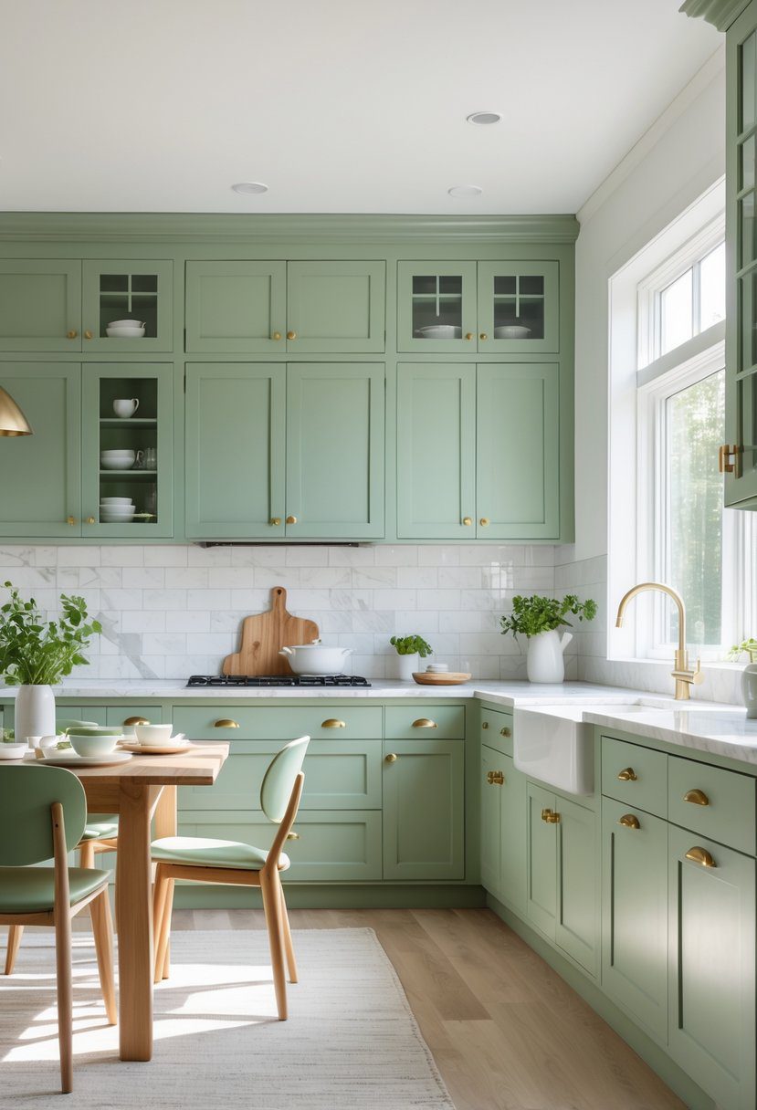 A bright kitchen with green cabinets, white countertops, stainless steel appliances, and a wooden dining table with chairs and a vase of plants.