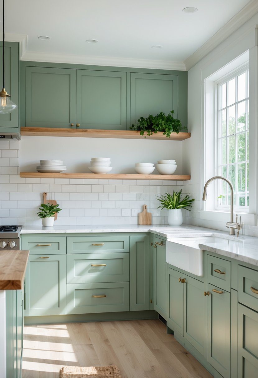 A bright kitchen with sage green cabinets, white marble countertops, a kitchen island, and large windows letting in natural light.
