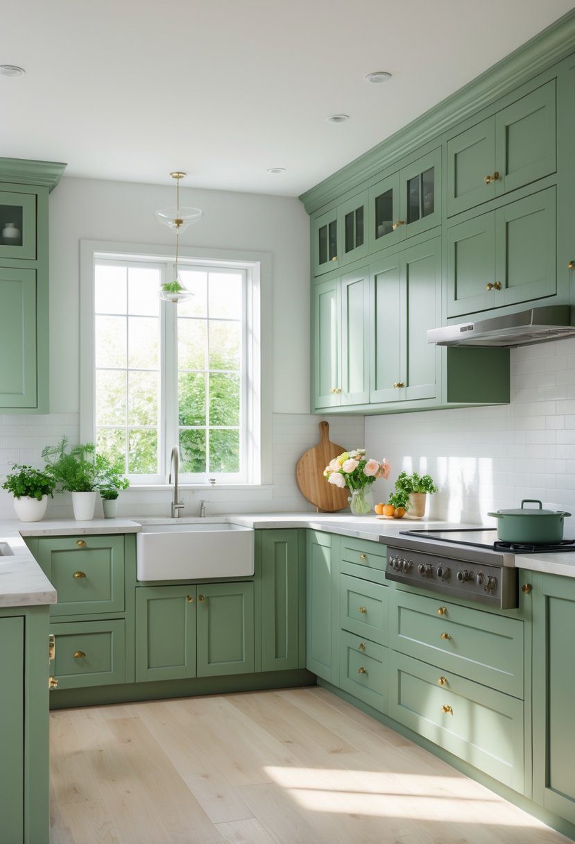 A bright kitchen with sage green cabinets, light countertops, stainless steel appliances, and decorative plants on the counter.