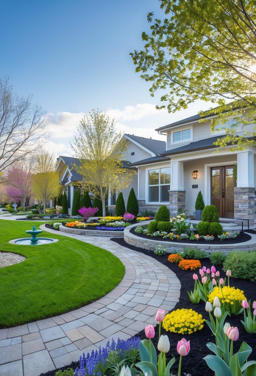 A front yard with a green lawn, colorful flower beds, trimmed shrubs, a stone pathway, and a small water feature in front of a modern house.