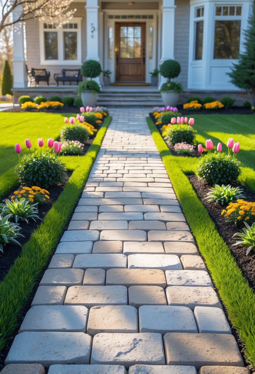 A symmetrical stone pathway leading through a green front yard with flowers and shrubs toward a house entrance.