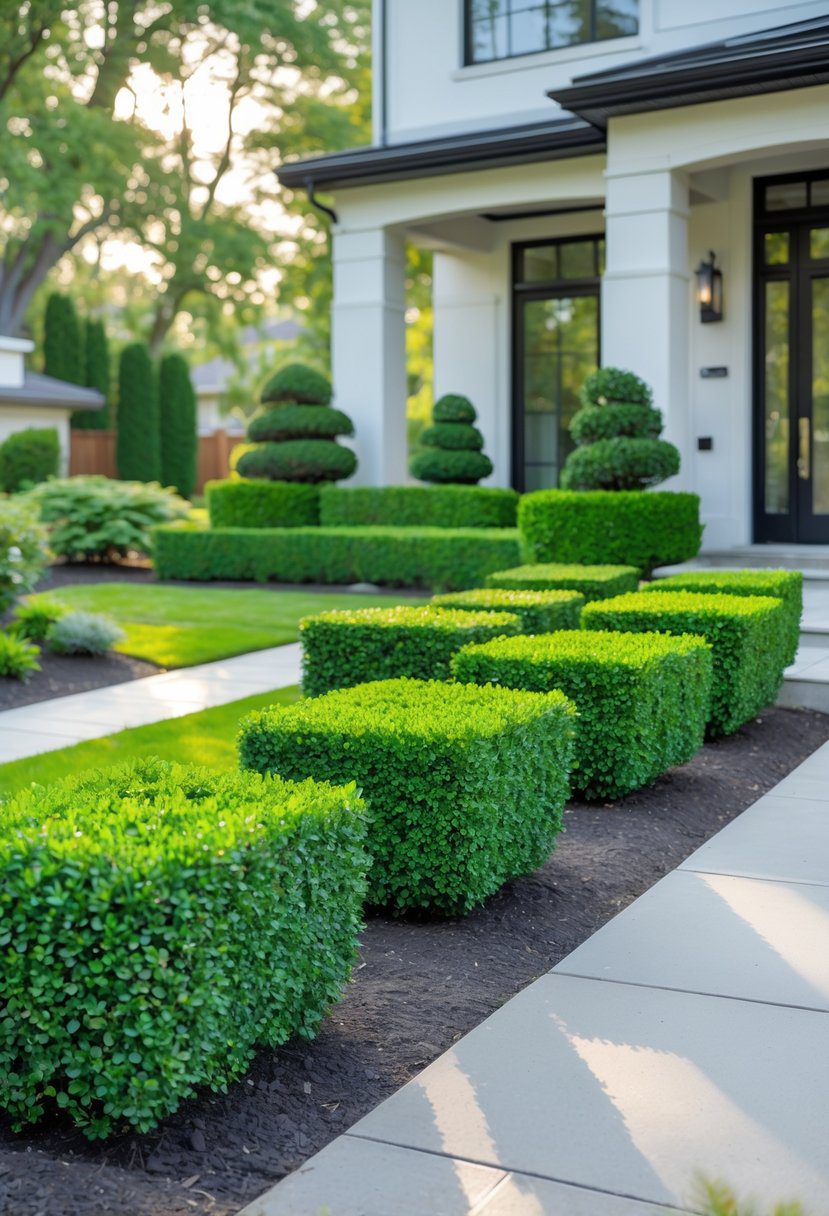 Front yard with neatly arranged boxwood shrubs and a manicured lawn in front of a modern house.
