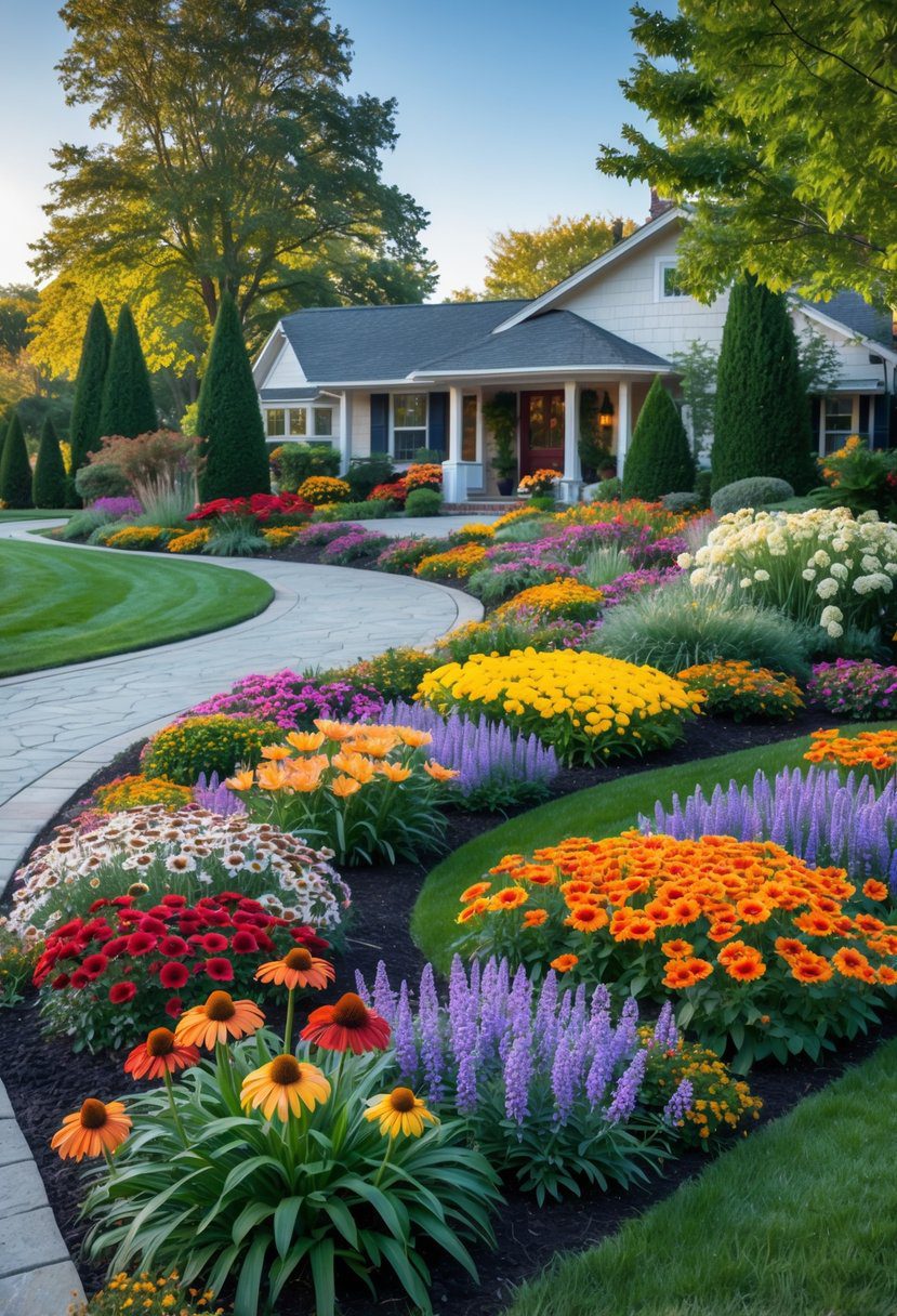 A front yard with colorful perennial flower beds featuring various blooming flowers and green plants along a curved pathway leading to a house.