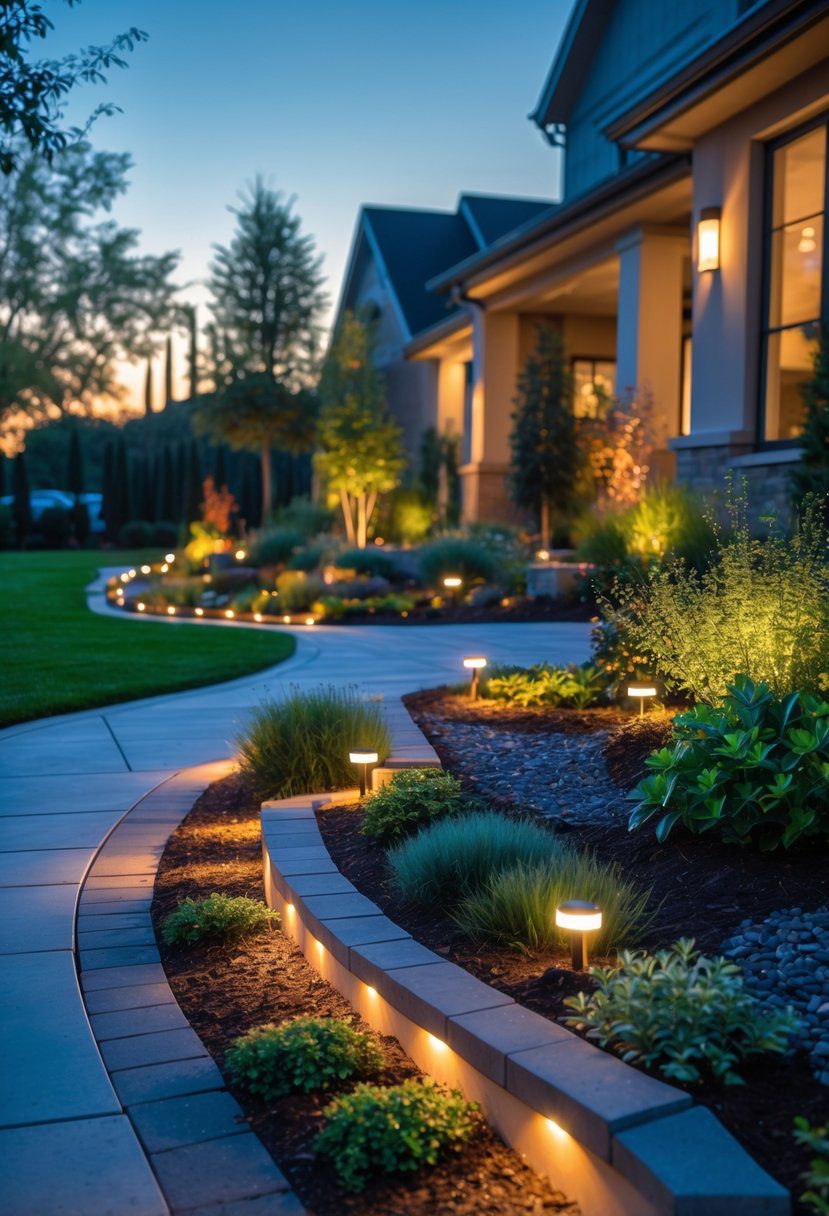 A front yard walkway and garden beds illuminated by outdoor lights at dusk, surrounded by plants and a house in the background.