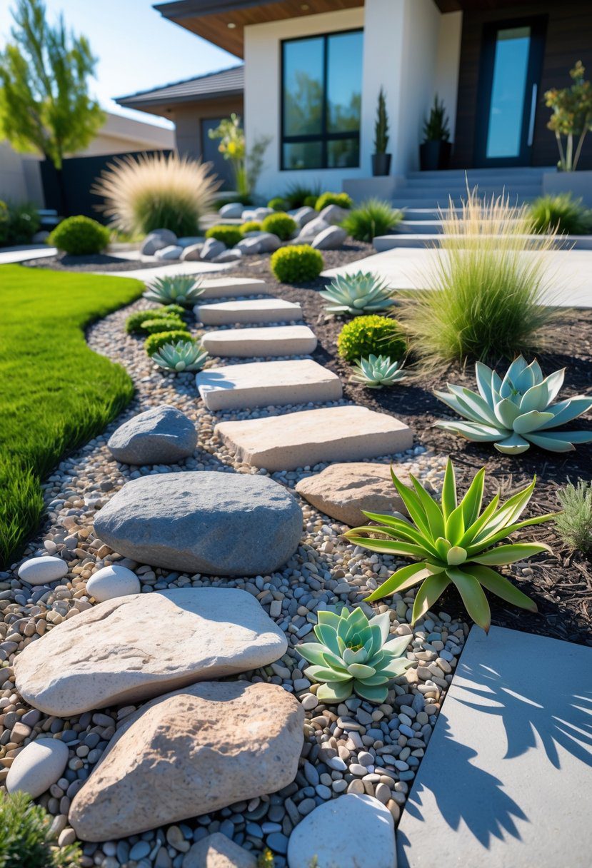 Front yard with a rock garden featuring rocks, succulents, ornamental grasses, and a stone pathway leading to a house entrance.