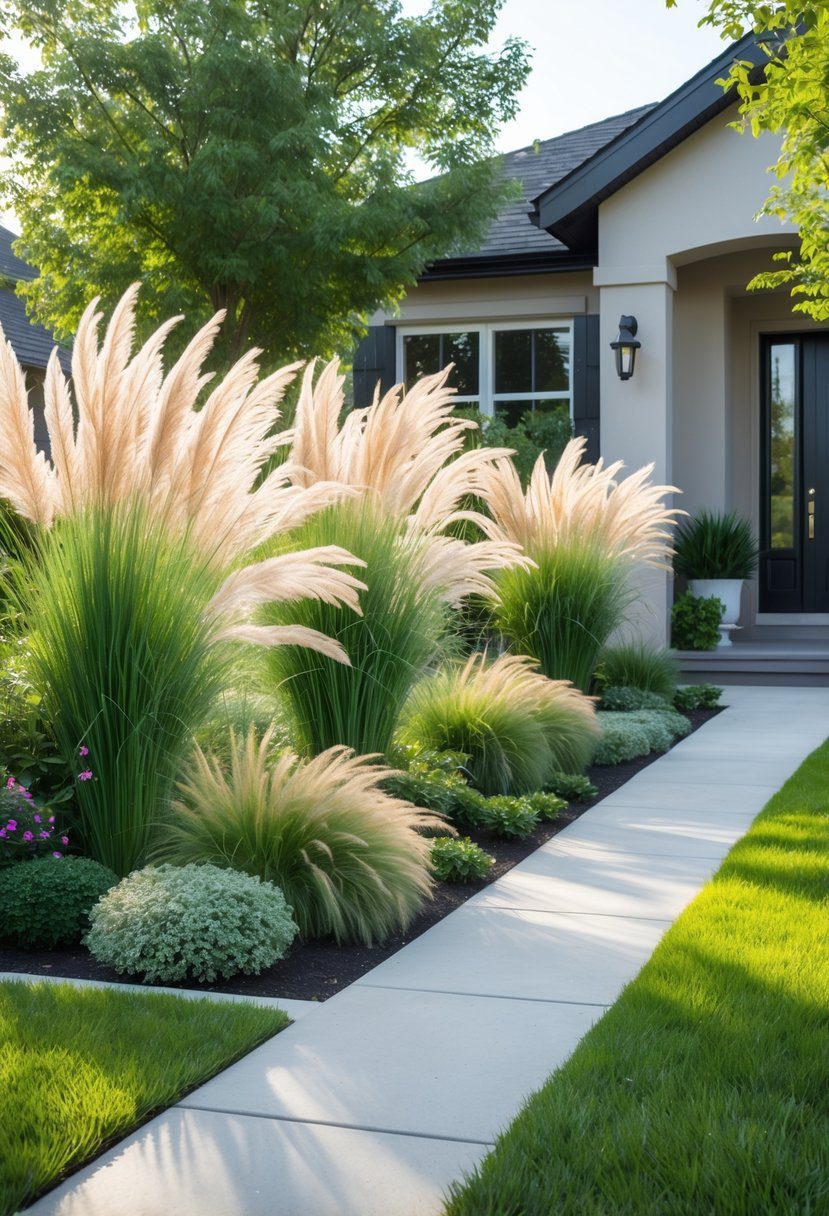 A front yard with ornamental grasses and plants arranged along a pathway leading to a house.