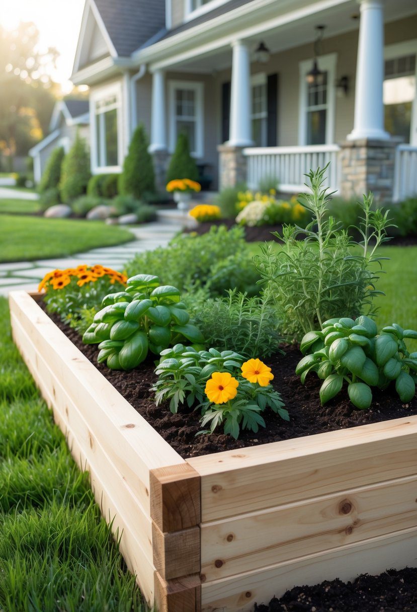 A raised wooden garden bed filled with herbs and seasonal flowers in a front yard with green grass and a stone pathway leading to a suburban house.