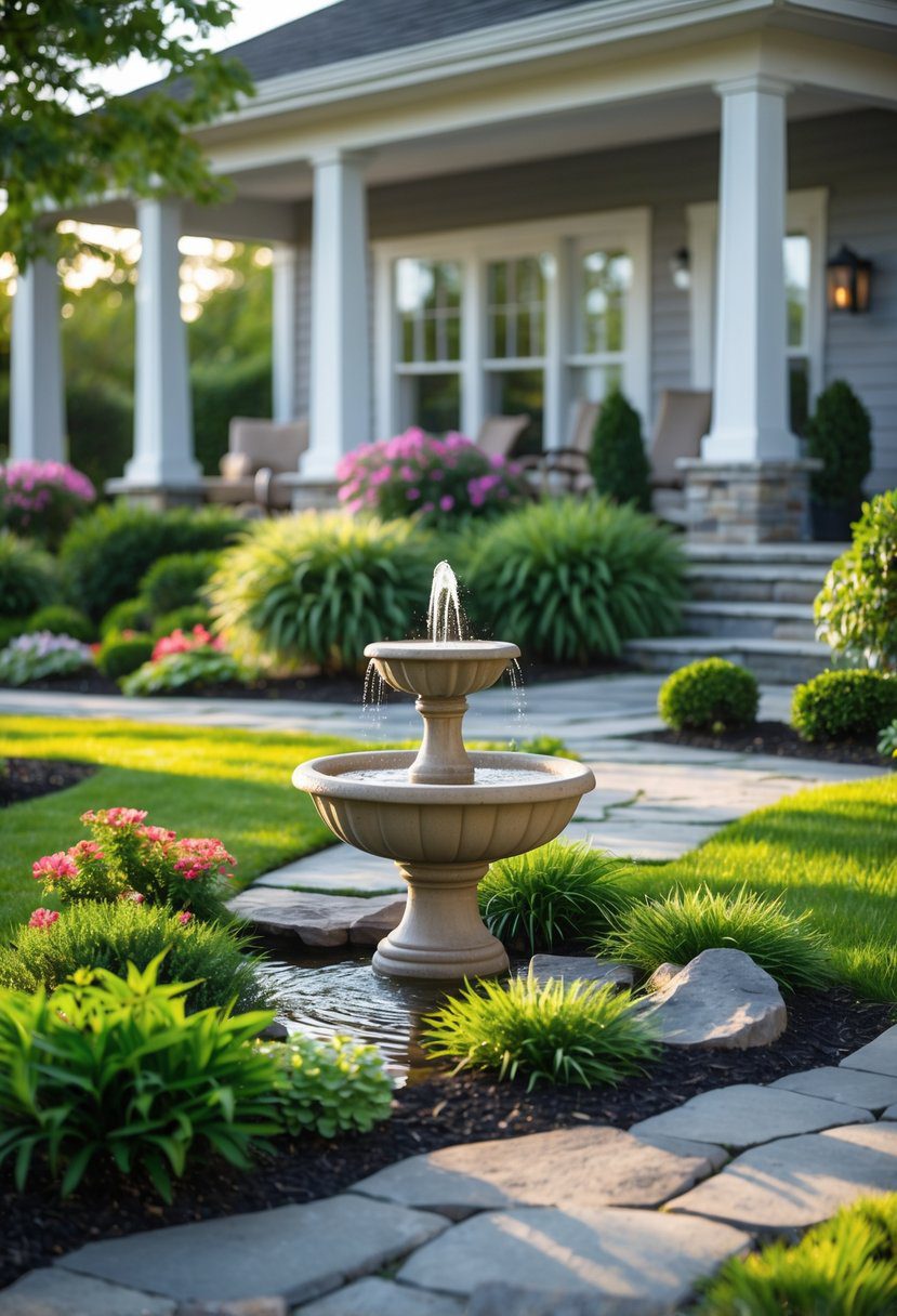 A front yard with a small water fountain surrounded by grass, flowers, and shrubs in front of a house.