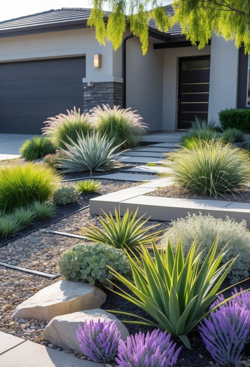 A front yard with drought-tolerant native plants, stone mulch, and a modern walkway leading to a house entrance.