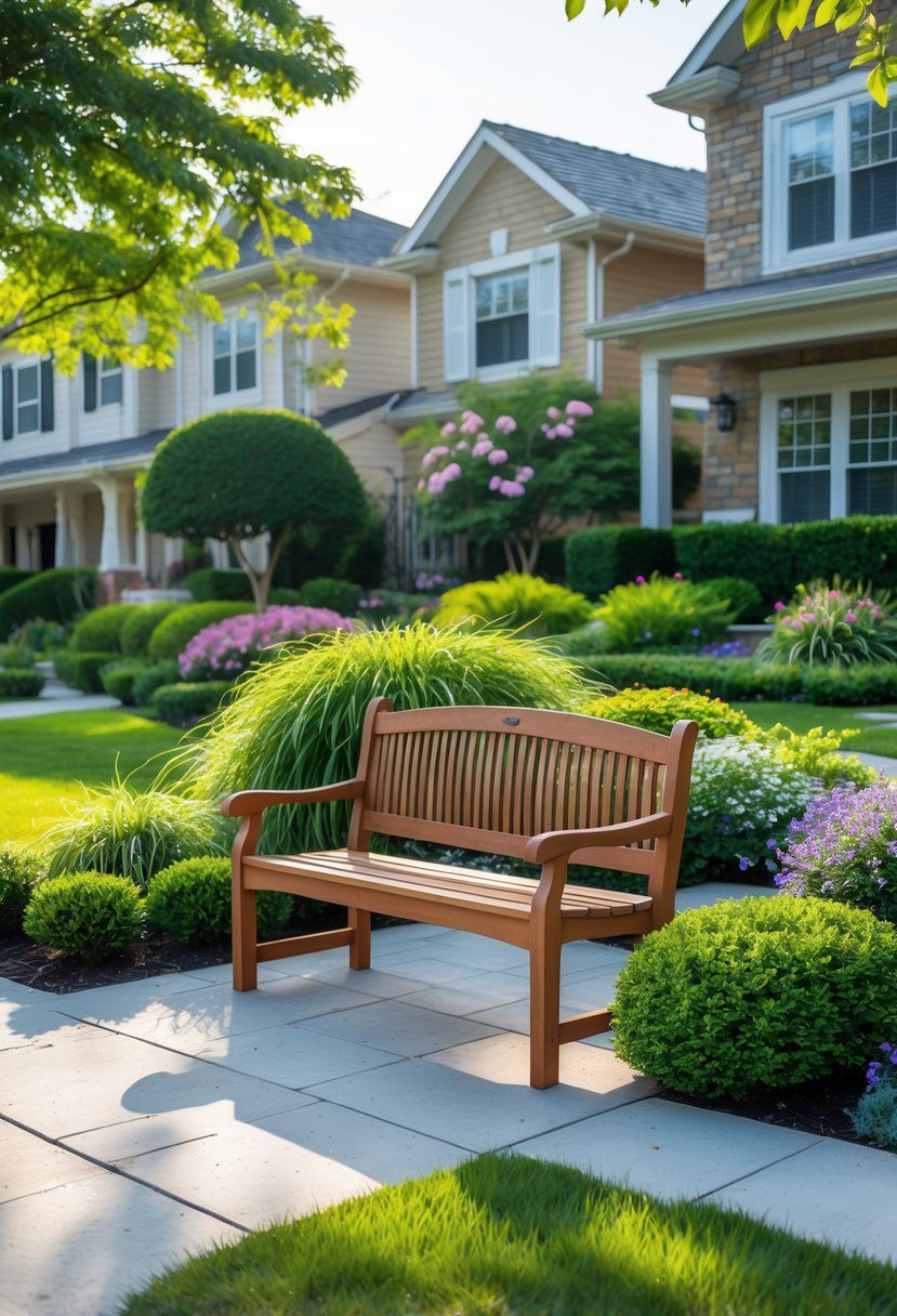 A front yard with a wooden bench surrounded by green grass, flowering plants, and a stone pathway.