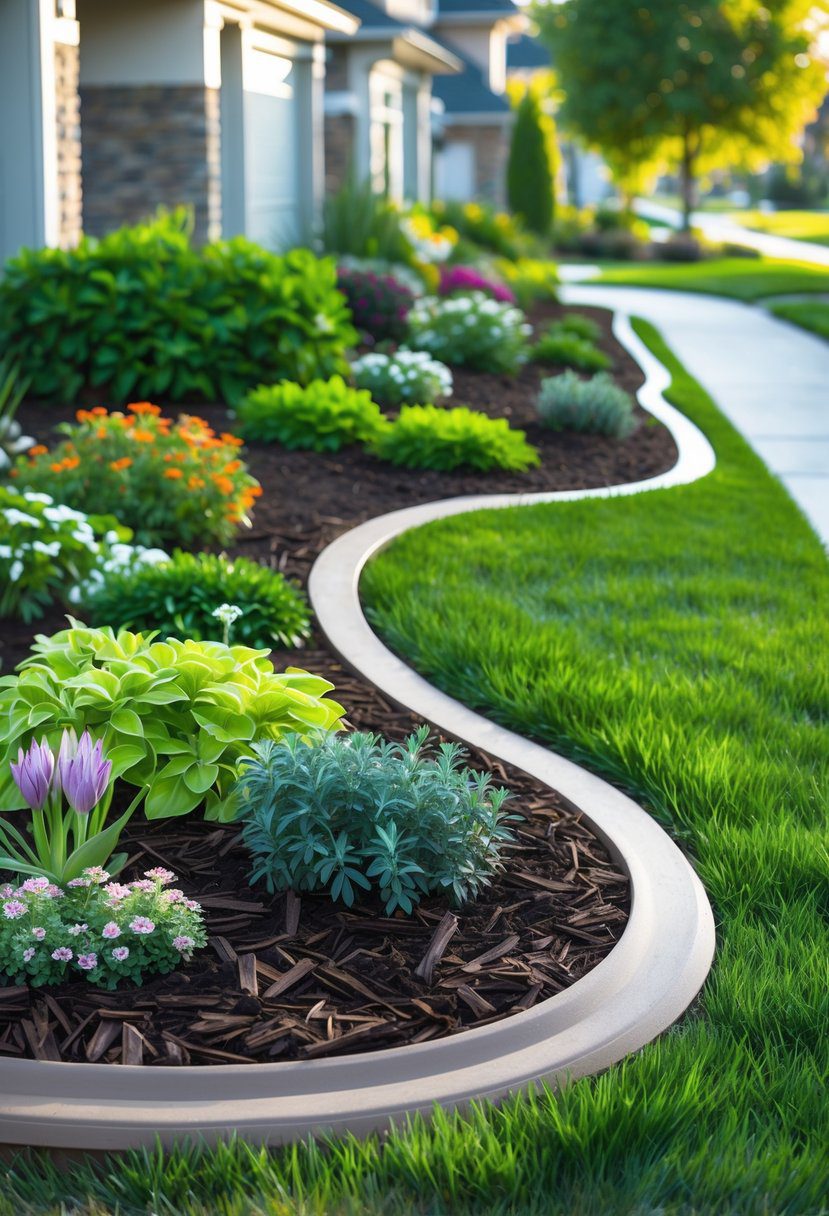 Front yard with neatly defined planting areas using mulch and edging, featuring green plants and colorful flowers next to a well-kept lawn and a modern house.